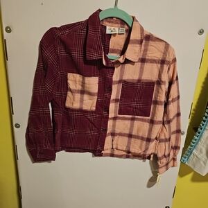 NWT Girls  L(10/12) Pink Purple Long Sleeve Button-Up Plaid Flannel Shirt